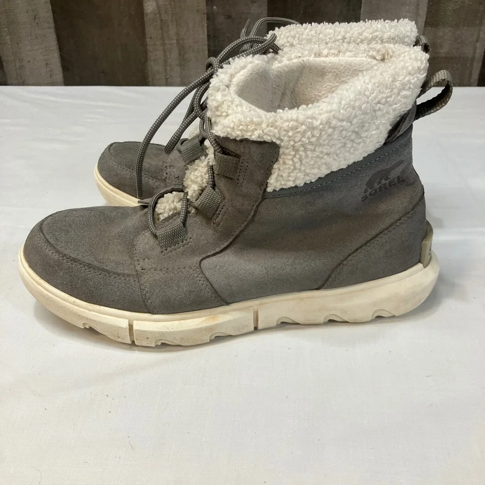 Sorel Explorer Carnival Waterproof Suede Boots‎ Quarry Grey Faux Fur Womens 9